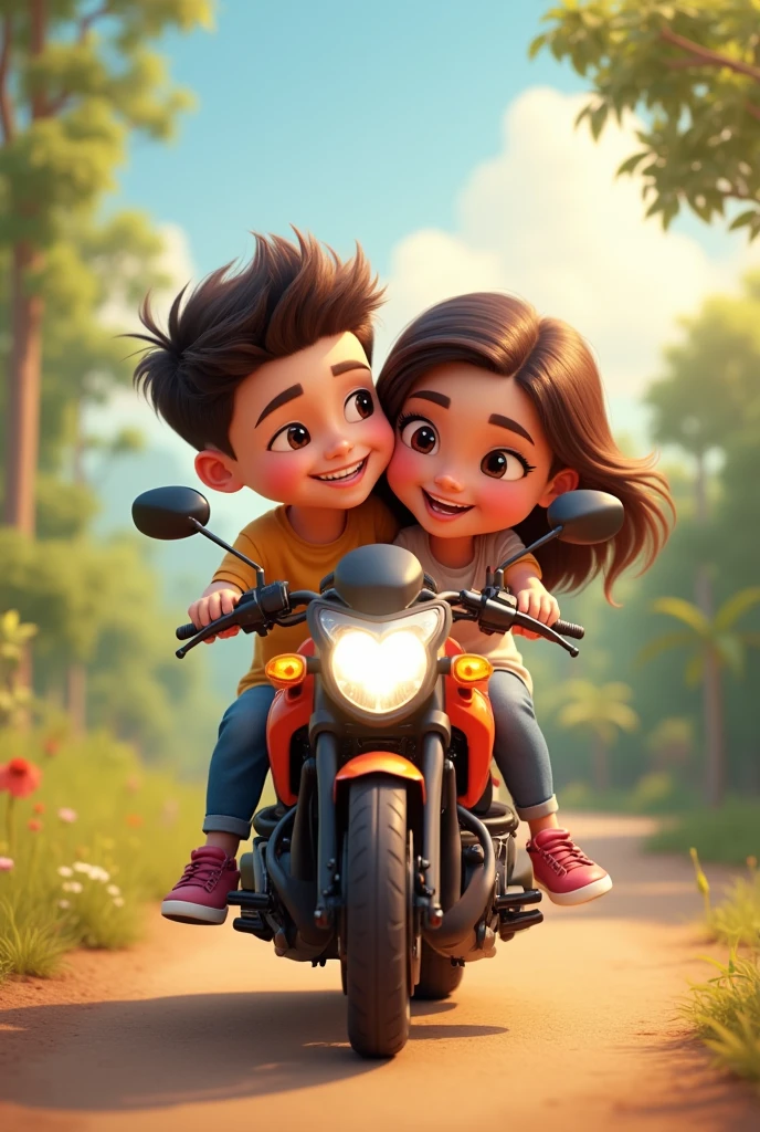 A animated boy and a girl are sitting on the bike called NS 200.He conveys his love to her. There should be a love in the middle and then the picture long shot