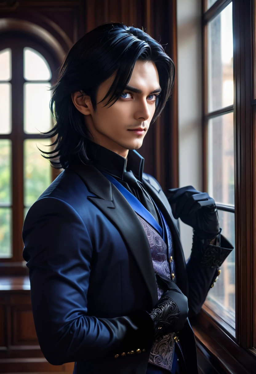handsome man, 30 years, young, attractive, jet black shoulder length hair, dark magician, a sly, attentive look, mesmerizing eyes, To profile, puts on gloves, looking out the window, dissatisfied, frowning, stately, strong, dark aura, near the window, in the office in the mansion, unearthly beauty, fantasy, European appearance, beautiful facial features, digital art, bright light, complex parts, Focus on the face, Exquisite, sharpness, depth, professional photo, cgi, diffuse reflection, full hd wallpaper, epic, 64k, f/16, 1/300s, s750, HDR, ultrahd, 50mm lens