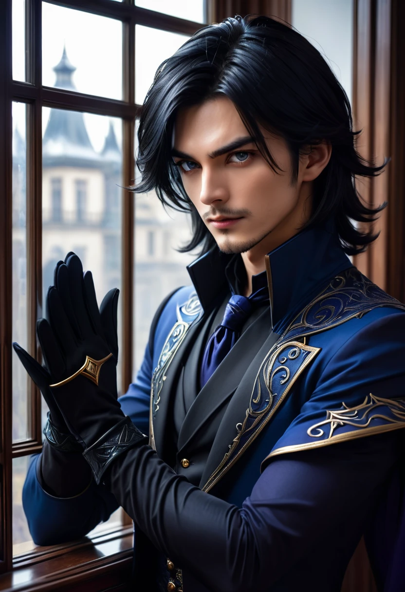 handsome man, 30 years, young, attractive, jet black shoulder length hair, dark magician, a sly, attentive look, mesmerizing eyes, To profile, puts on gloves, looking out the window, dissatisfied, frowning, stately, strong, dark aura, near the window, in the office in the mansion, unearthly beauty, fantasy, European appearance, beautiful facial features, digital art, bright light, complex parts, Focus on the face, Exquisite, sharpness, depth, professional photo, cgi, diffuse reflection, full hd wallpaper, epic, 64k, f/16, 1/300s, s750, HDR, ultrahd, 50mm lens