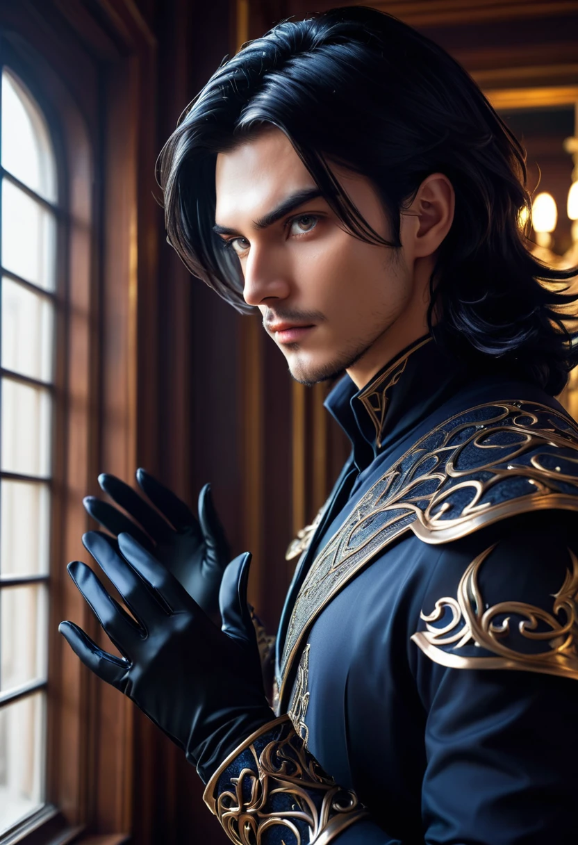 handsome man, 30 years, young, attractive, jet black shoulder length hair, dark magician, a sly, attentive look, mesmerizing eyes, To profile, puts on gloves, looking out the window, dissatisfied, frowning, stately, strong, dark aura, near the window, in the office in the mansion, unearthly beauty, fantasy, European appearance, beautiful facial features, digital art, bright light, complex parts, Focus on the face, Exquisite, sharpness, depth, professional photo, cgi, diffuse reflection, full hd wallpaper, epic, 64k, f/16, 1/300s, s750, HDR, ultrahd, 50mm lens