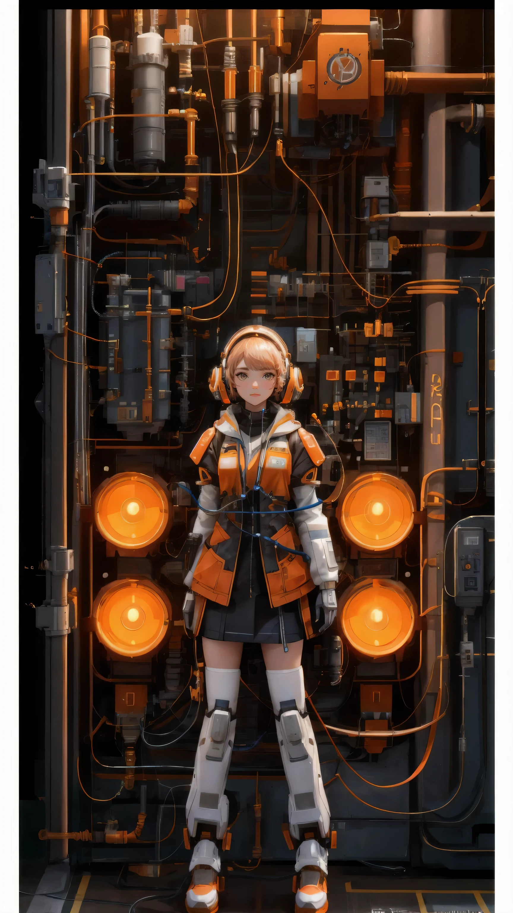 A beautifully detailed, cute girl character dressed as a futuristic scientist, operating a complex GM generator in a high-tech lab. The background is an industrial brown, with a variety of orange mechanical arms and gadgets surrounding her, maintaining the same intricate and dynamic environment. The character is focused on her work, with wires and circuits connected to her, symbolizing her deep connection to the GM generator.
