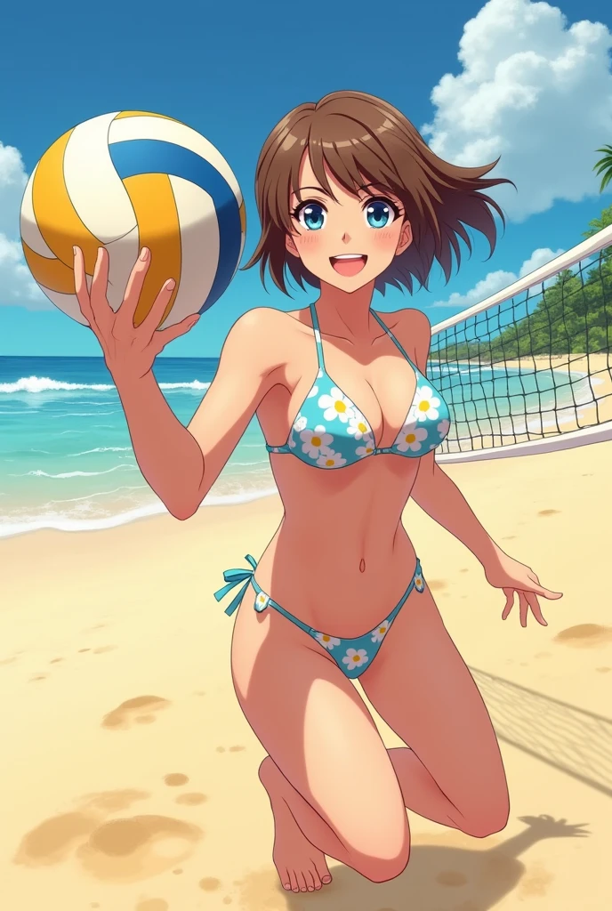 Young sporty woman in her 20s。
Short brown hair and blue eyes。
The art style is anime-style。
She is wearing a cute floral bikini-type swimsuit.。
She is barefoot。
Has a relaxed smile。
Spiking the beach volleyball ball with force。
A sandy beach with a volleyball net in the background、In a sunny environment、It's a warm summer atmosphere.。
From the perspective of the person blocking on the opponent's court。