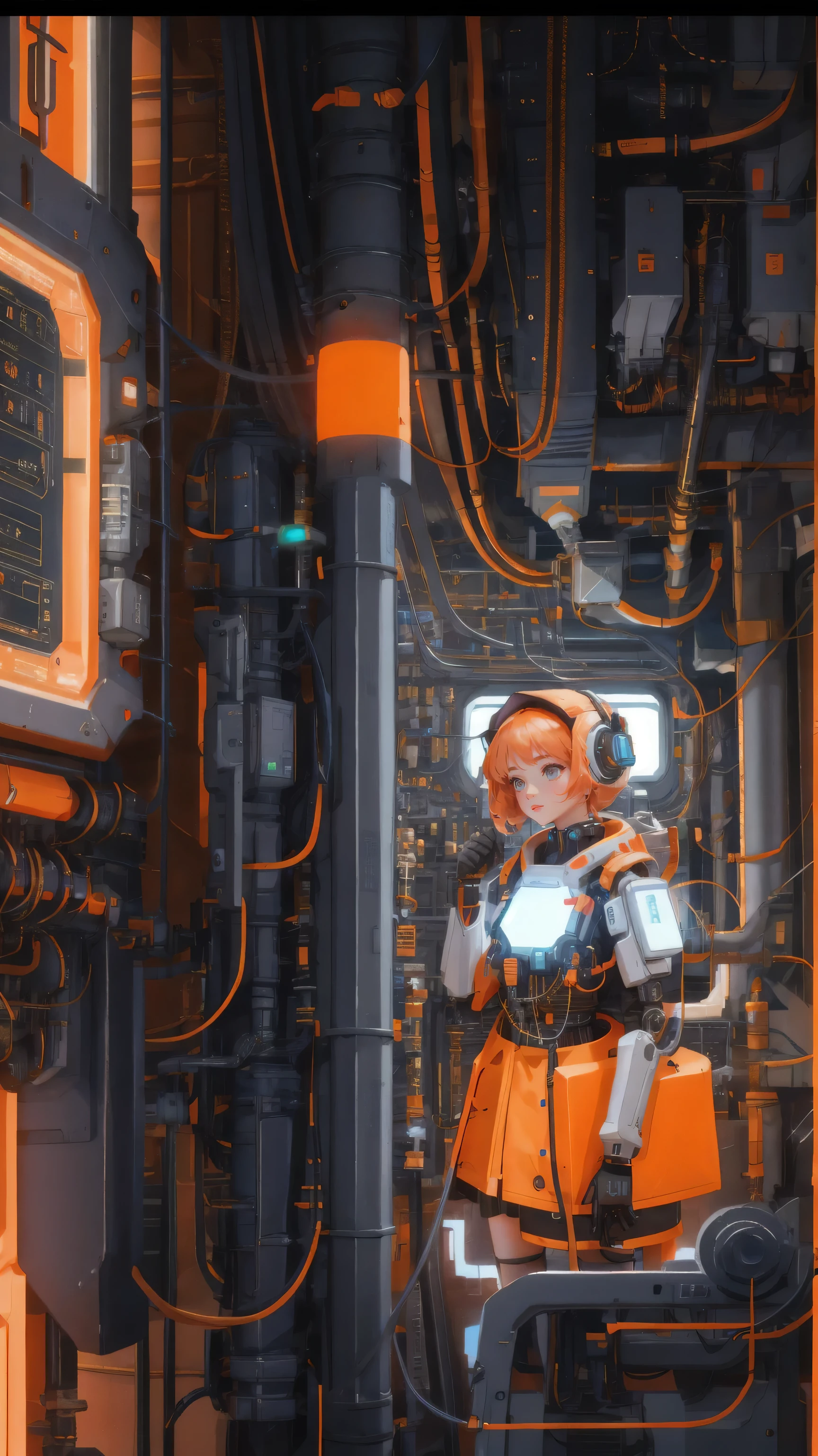 A beautifully detailed, cute girl character dressed as a futuristic scientist, operating a complex GM generator in a high-tech lab. The background is an industrial brown, with a variety of orange mechanical arms and gadgets surrounding her, maintaining the same intricate and dynamic environment. The character is focused on her work, with wires and circuits connected to her, symbolizing her deep connection to the GM generator.