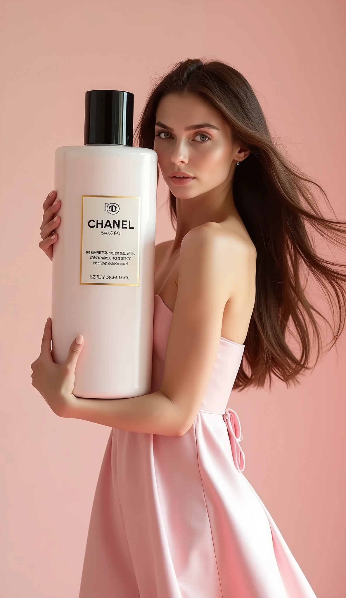 realistic fashion advertising photo. A girl in a light pink dress kiss flirtatiously giant package of shampoo. light background, Chanel advertising style