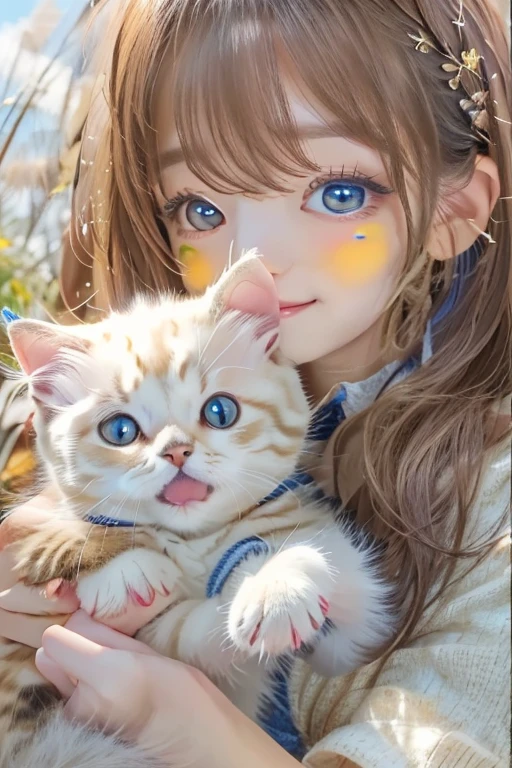 ((Highest quality)), ((masterpiece)), (detailed), ((Highest quality))、Perfect Face, Japanese、2、woman、smile、Light brown hair、Perfect Anatomy、Anatomically correct body、White collared shirt、((blue sky))、Fat kittenを抱っこしている、((Kissing a kitten))、((Looking at the kitten he is holding))、Cute kitten,High Definition Cat、Fat kitten、High Definition Hand