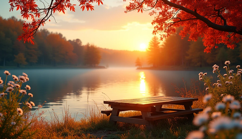 coffee,table,bench,sunset,daisies, autumn, close-up, a beautiful serene lake, sunlight sparkling on the water, red and yellow autumn trees reflecting in the calm blue water, (best quality,4k,8k,highres,masterpiece:1.2),ultra-detailed,(realistic,photorealistic,photo-realistic:1.37),landscape,vibrant colors,dramatic lighting,warm tones,golden hour,tranquil,peaceful

