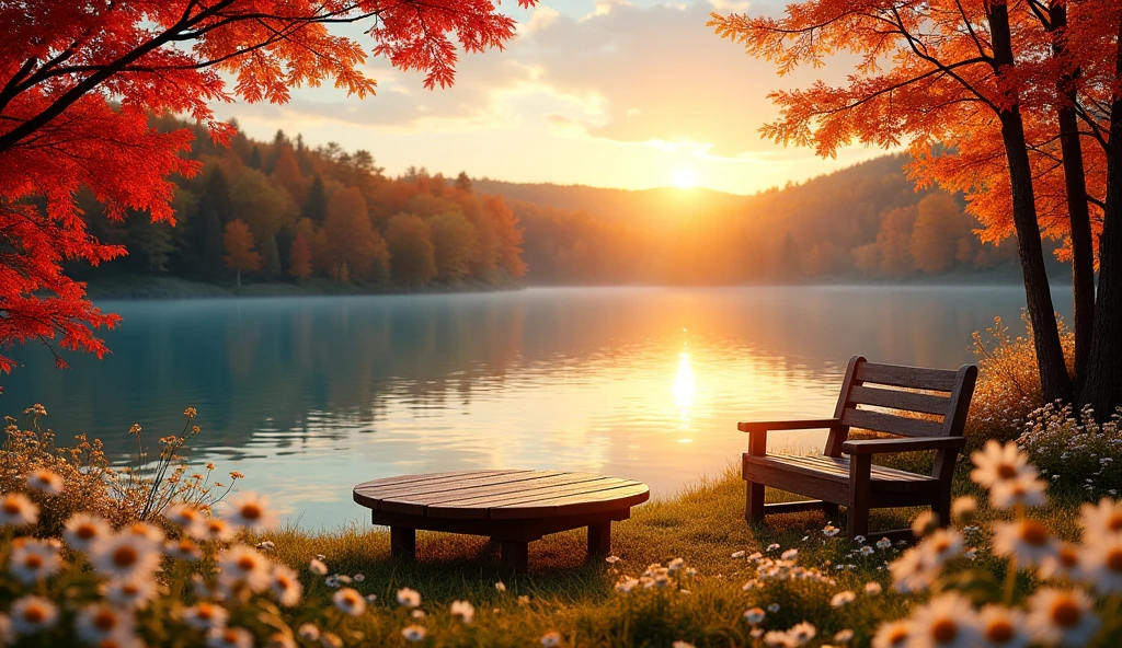 coffee,table,bench,sunset,daisies, autumn, close-up, a beautiful serene lake, sunlight sparkling on the water, red and yellow autumn trees reflecting in the calm blue water, (best quality,4k,8k,highres,masterpiece:1.2),ultra-detailed,(realistic,photorealistic,photo-realistic:1.37),landscape,vibrant colors,dramatic lighting,warm tones,golden hour,tranquil,peaceful