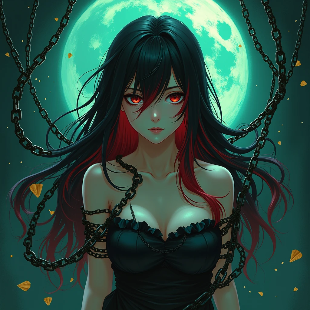 Anime Girl 1, Very long hair, spl1th41r, Two Tone Hair Red Black, Picture in the air Girl, Shown in full growth, all in chains, Wrapped in wood chips, sexual, makeup, The face is beautiful. I see., Large format painting, masterpiece, Maximum detail, The background is colorful, dark colors, Darkened, The moon is shining( Green light), check_9,check_8_up,check_7_up,masterpiece,Best quality,8 K,dramatic lighting,cool colors, Wallpaper of the Highest Quality, Fantasy