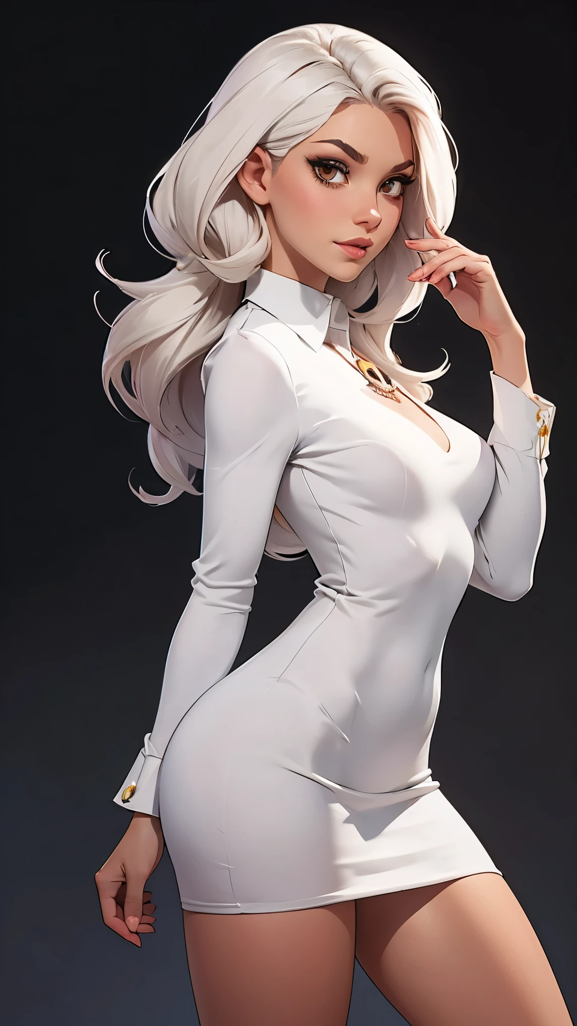 Best quality, masterpiece:1.2), sketch full view of a hot looking dark brown skin 1 woman standing in front of us. She has brown eyes and long white hair. She has a beautiful body. She is wearing a plain tight dress. Shadow background. sketch. shading. lighting. ((шедевр, Лучшее качество)), (1 девушка), (Один), (женский фокус), (Очень детальное лицо, реальное изображение, реалистичная белая кожа, реалистичное тело, сложные детали), верхняя часть тела, Сосредоточьтесь на лице, черные волосы связаны, Длинные волосы, устрашающий взгляд, Средняя грудь