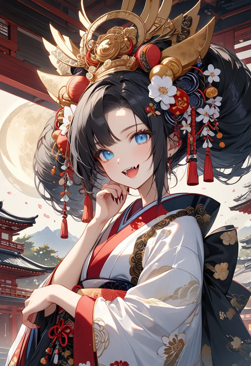 Ink painting, (((1 girl))), (((Tattoo in the middle of the forehead))),(((In the background is the Akatsuki moon))), (((Oiran))), (((Great hair accessories))), Demon possession, ((Masterpiece:1.2)), ((Highest quality)), Extremely detailed and delicate illustration style, Detailed leather texture, Detailed canvas texture, Very detailed description, (Masterpiece T), Extremely beautiful illustration, Highly detailed face, Raw image, professional, Ultra-high resolution panel, Complex details, Superior detail, Intricate decoration details, Perfect anatomy, real, (Very beautiful and cute black and white colored fox woman or girl with blue eyes wearing kimono), ((آذان الثعلب black hair, White hair, multicolor, the beautiful)), (Beautiful black and white colored fox tail), (black hair, White evil, Beautiful and shiny), (((She has claws on her hands.))), (((She has long fangs.))), (Beautiful and clear blue eyes), (Beautiful detailed eyes:1.6), (Traditional black and white detailed costume), Front view, White flower kimono, Black white colorful hakama long skirt, A maxi skirt, Modestly dressed, He smiles, ((Standing and looking at me)), ((The day)), (Extremely detailed and beautiful Japanese temple construction), (8K Highest quality wallpaper), (Extremely detailed and delicate background)