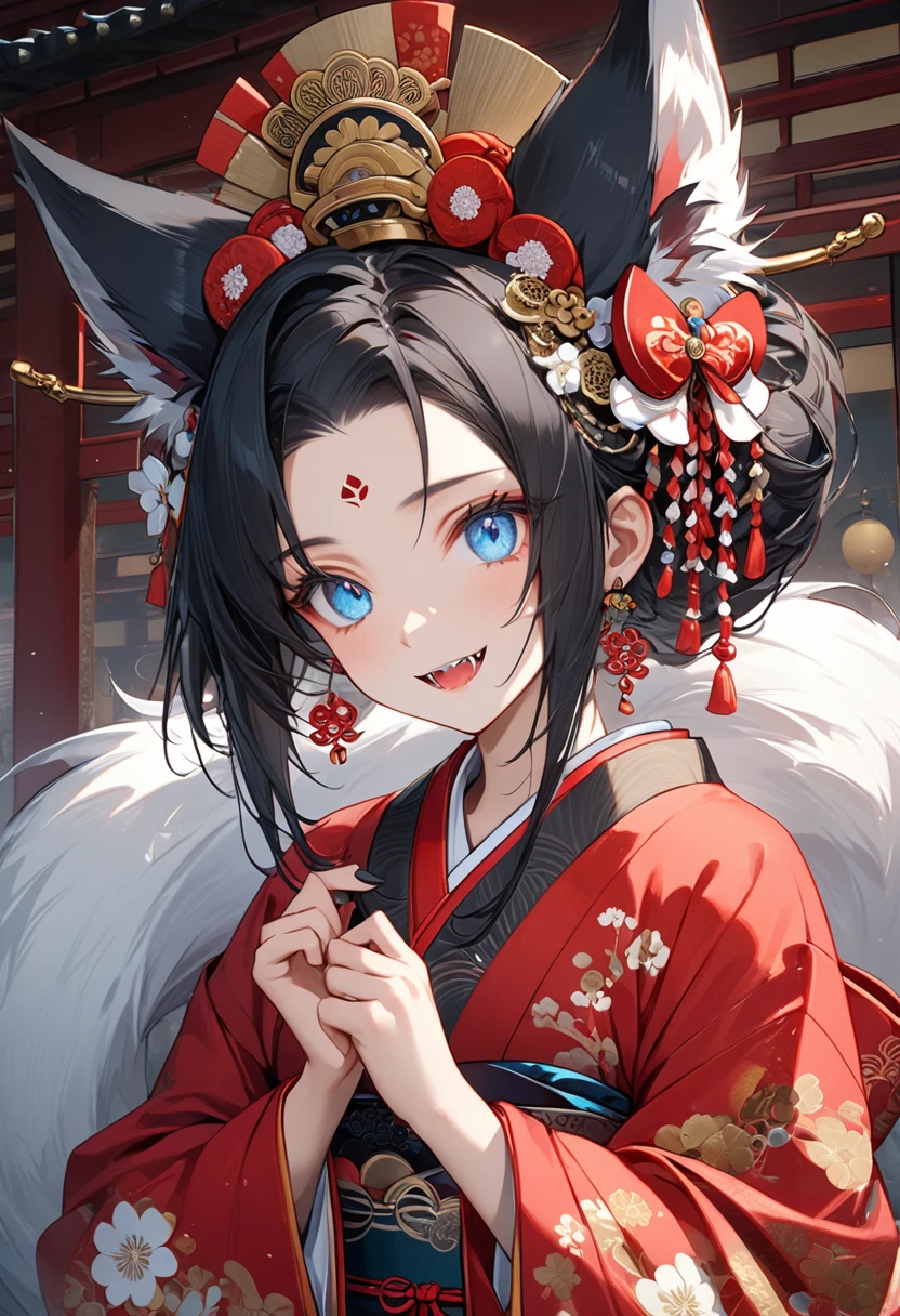 Ink painting, (((1 girl))), (((Tattoo in the middle of the forehead))),(((In the background is the Akatsuki moon))), (((Oiran))), (((Great hair accessories))), Demon possession, ((Masterpiece:1.2)), ((Highest quality)), Extremely detailed and delicate illustration style, Detailed leather texture, Detailed canvas texture, Very detailed description, (Masterpiece T), Extremely beautiful illustration, Highly detailed face, Raw image, professional, Ultra-high resolution panel, Complex details, Superior detail, Intricate decoration details, Perfect anatomy, real, (Very beautiful and cute black and white colored fox woman or girl with blue eyes wearing kimono), ((آذان الثعلب black hair, White hair, multicolor, the beautiful)), (Beautiful black and white colored fox tail), (black hair, White evil, Beautiful and shiny), (((She has claws on her hands.))), (((She has long fangs.))), (Beautiful and clear blue eyes), (Beautiful detailed eyes:1.6), (Traditional black and white detailed costume), Front view, White flower kimono, Black white colorful hakama long skirt, A maxi skirt, Modestly dressed, He smiles, ((Standing and looking at me)), ((The day)), (Extremely detailed and beautiful Japanese temple construction), (8K Highest quality wallpaper), (Extremely detailed and delicate background)