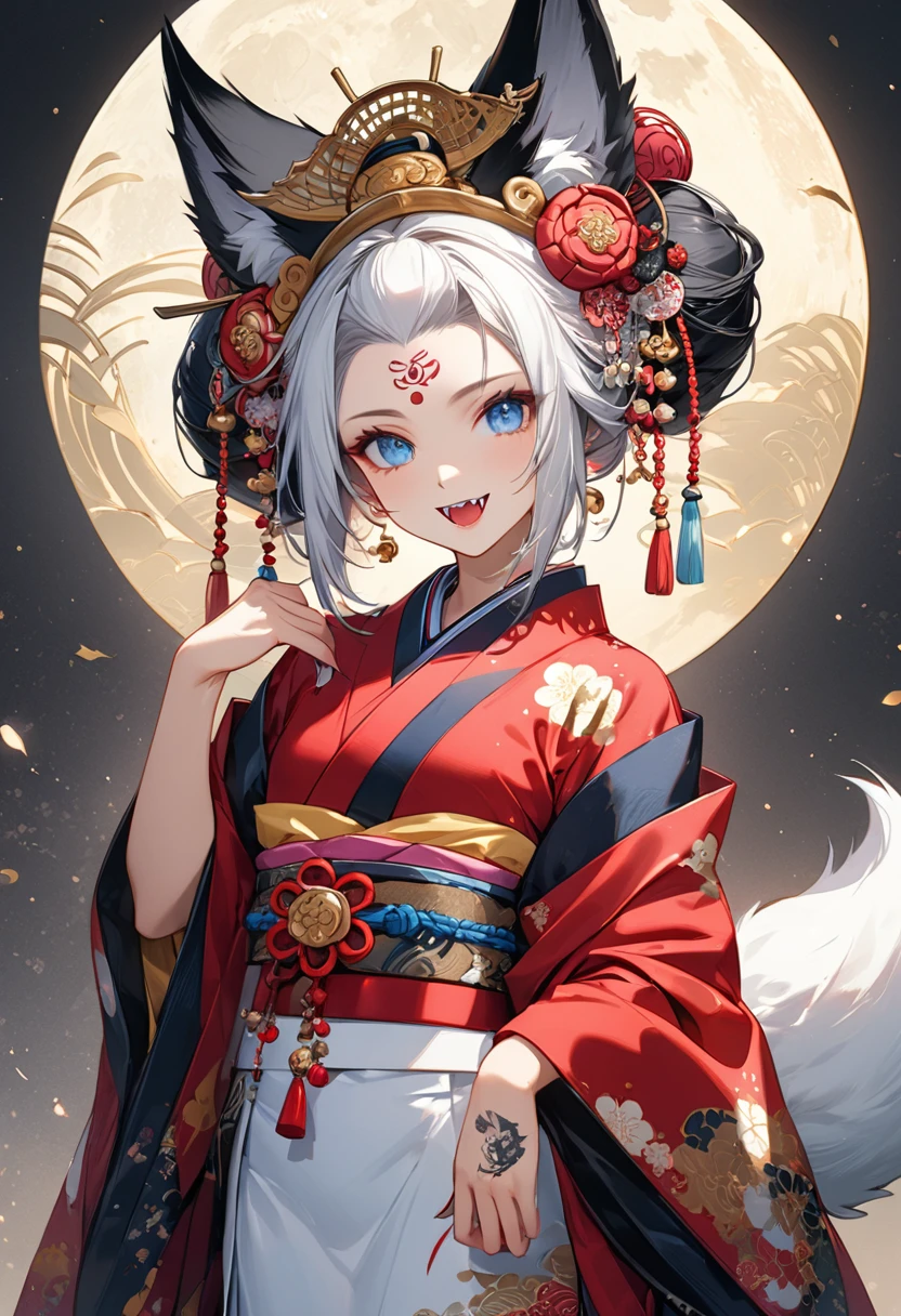 Ink painting, (((1 girl))), (((Tattoo in the middle of the forehead))),(((In the background is the Akatsuki moon))), (((Oiran))), (((Great hair accessories))), Demon possession, ((Masterpiece:1.2)), ((Highest quality)), Extremely detailed and delicate illustration style, Detailed leather texture, Detailed canvas texture, Very detailed description, (Masterpiece T), Extremely beautiful illustration, Highly detailed face, Raw image, professional, Ultra-high resolution panel, Complex details, Superior detail, Intricate decoration details, Perfect anatomy, real, (Very beautiful and cute black and white colored fox woman or girl with blue eyes wearing kimono), ((آذان الثعلب black hair, White hair, multicolor, the beautiful)), (Beautiful black and white colored fox tail), (black hair, White evil, Beautiful and shiny), (((She has claws on her hands.))), (((She has long fangs.))), (Beautiful and clear blue eyes), (Beautiful detailed eyes:1.6), (Traditional black and white detailed costume), Front view, White flower kimono, Black white colorful hakama long skirt, A maxi skirt, Modestly dressed, He smiles, ((Standing and looking at me)), ((The day)), (Extremely detailed and beautiful Japanese temple construction), (8K Highest quality wallpaper), (Extremely detailed and delicate background)