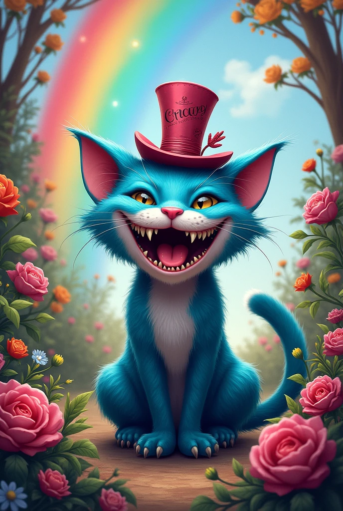 Blue Cheshire cat laughing amid rainbow and beautiful flowers with crazy crazy hat