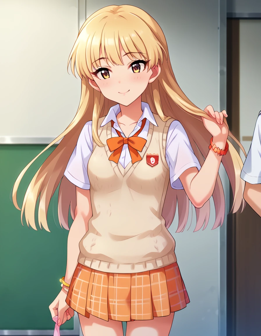 score_9, score_8_superior, score_7_superior, sauce_anime,
evaluation_Sensitive, Sexually suggestive,Browsing Caution，
 (masterpiece, Highest quality), One person,     Arika, Long Hair, 両面をsuperiorにして, Hair ties, Small breasts, school uniform, clavicle, Neck ribbon, Collared shirt, Sweater vest, Short sleeve, bracelet, Checked skirt, Orange Skirt