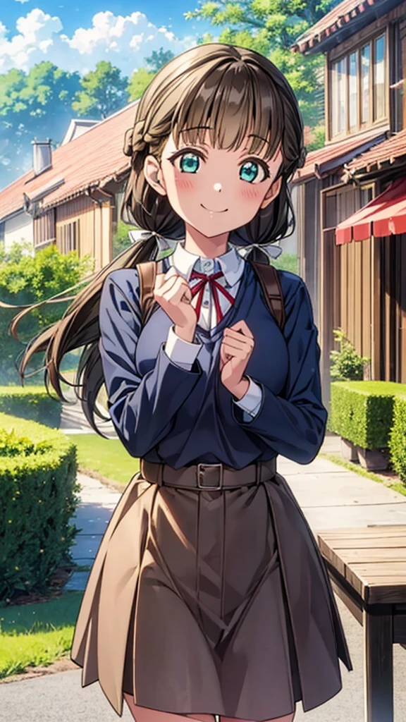 Kinako、(Tabletop, Highest quality:1.2), One Girl, alone, scenery, figure, View your viewers, Outdoor, Depth of field, Light on the face, Portraiture, sunlight, Sky Porn, smile, Glow Eyes, Lens flare, countryside, country,Floating Hair, flower, wood, lake, hill, cloud, uniform