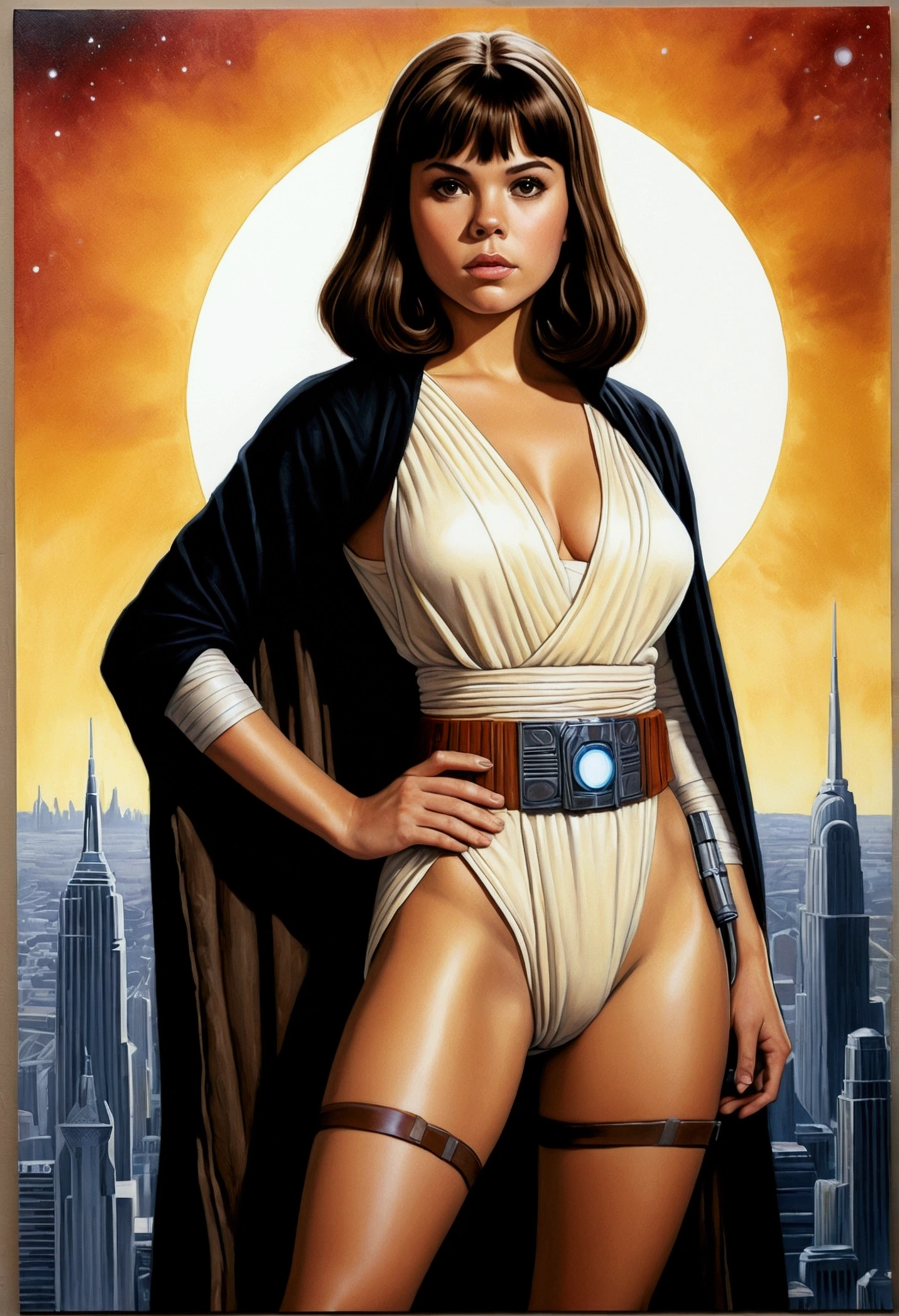 An illustrated movie poster, hand-drawn, full color, a teenage Jedi, 18-years-old, female, wearing a Jedi tunic, athletic hourglass figure, busty bosoms, full wide hips, massive round butt, long shapely legs, ridiculously thick powerful thighs, vibrant eyes, dark hair, thick shaggy bangs, tan complexion, resembles Hailee Steinfeld, standing above Coruscant, graphite shading, stencil marks, airbrushed acrylic paint, masterpiece, in the style of Drew Struzan
