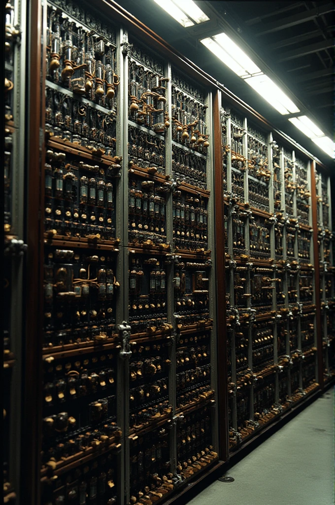 "A close-up view of the ENIAC computer showing a dense array of vacuum tubes and circuits. The image should highlight the intricate wiring and components, showcasing the heavy and mechanical nature of early computing technology."