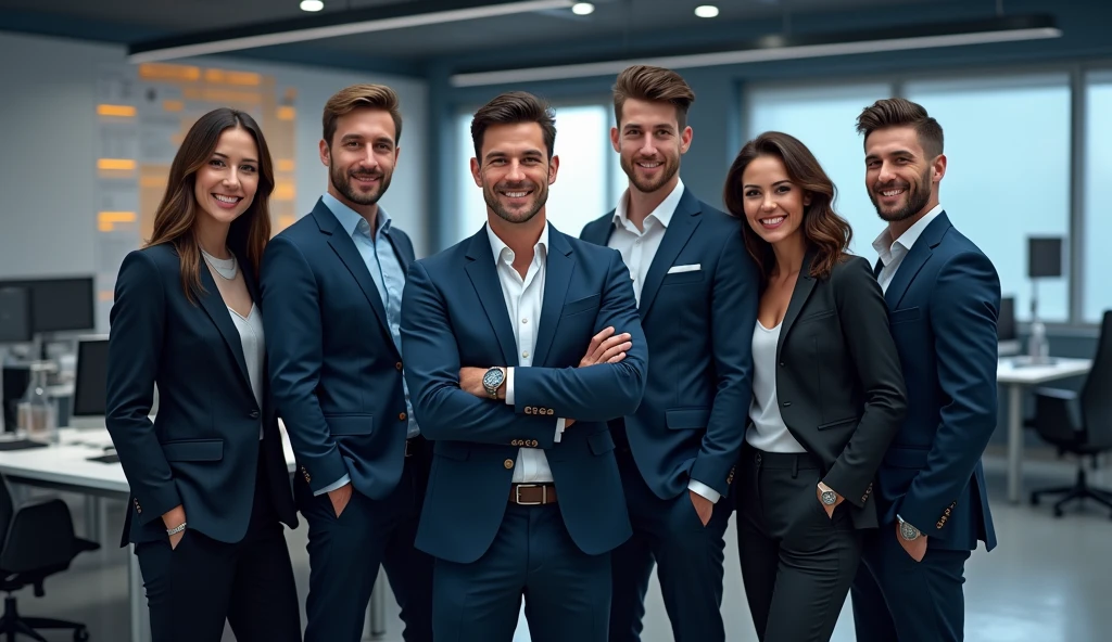 &quot;Create an image of a team of analysts consisting of 5 people of different genders with a snow-white smile and an athletic build. They should have a confident and inviting expression on their face., they must be dressed in business attire and stand in the office. Design must convey professionalism, trust and innovation, and subtle elements of digital technology or blockchain in the background should highlight the company&#39;s technological focus. The overall look should be stylish., professional and attractive. The background is an office where employees sit and analyze cryptocurrency charts on their computers., on the walls there is the company logo 3 large letters CLA and a clearly readable inscription Cripto labs analytics» Waiting for the start