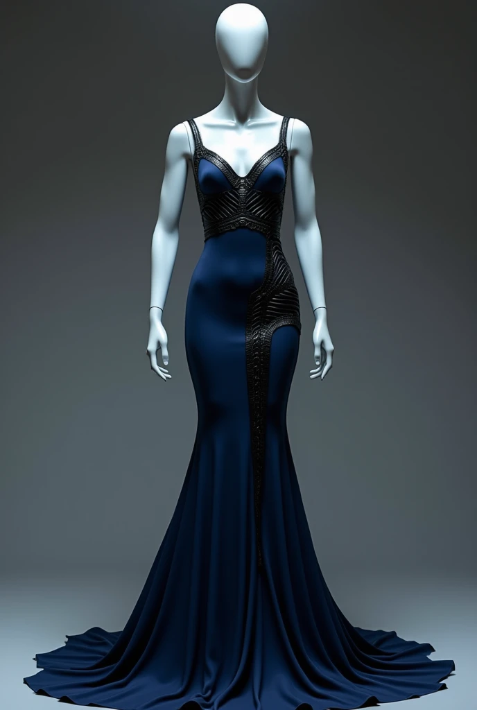 Make a mannequin with a dark blue dress, leather details and mermaid style