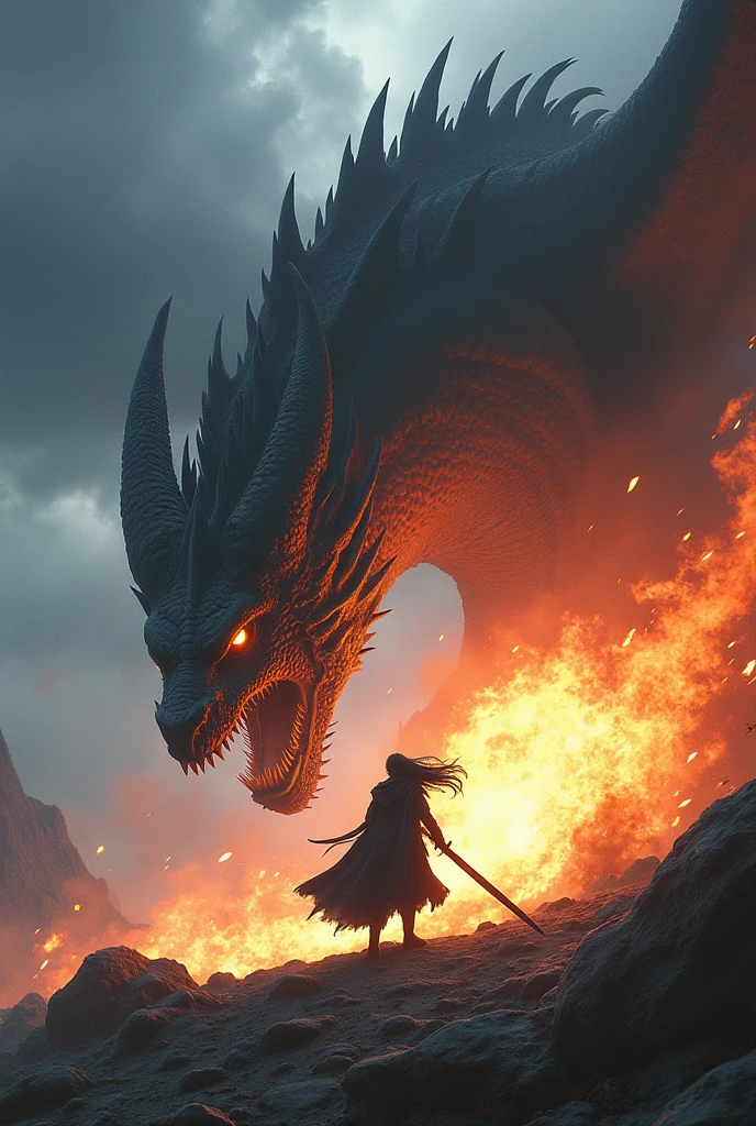 On a stormy mountaintop, Voltex faces a colossal, black-scaled dragon. His long black hair flows wildly in the fierce winds as he grips his dark sword tightly. The dragon roars, spewing fire, but Voltex dodges with supernatural speed, slashing through the air and unleashing "Shadow Eclipse," sending a wave of dark energy that cuts through the dragon’s fiery breath, striking its chest with a powerful explosion.