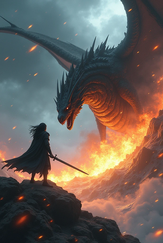 On a stormy mountaintop, Voltex faces a colossal, black-scaled dragon. His long black hair flows wildly in the fierce winds as he grips his dark sword tightly. The dragon roars, spewing fire, but Voltex dodges with supernatural speed, slashing through the air and unleashing "Shadow Eclipse," sending a wave of dark energy that cuts through the dragon’s fiery breath, striking its chest with a powerful explosion.