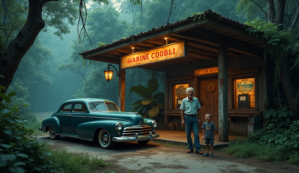 Old Gas station in jungle, on Road park side car, old man with 1 young boy laughing out side dark image 