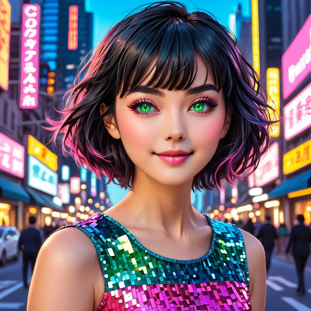 Generate a dynamic, high quality AI image of a young woman with short black hair and bangs. She wears a Vibrant blouse in shades of pink, rot, and blue, incorporating the fashion of the 2020s. Her green eyes sparkle with joy as she smiles, your makeup is vivid and colorful. Placed on the busy streets of New York, This scene is rich in references to the 2020s. The image is professional, photographic quality, and enriched with details, offering HD resolution and Canon quality. The woman&#39;s natural eyes highlighted by the light are detailed, with captivating eyelashes. The overall appearance is smooth, Vibrant, e feliz, capturing the essence of modern fashion and urban life."