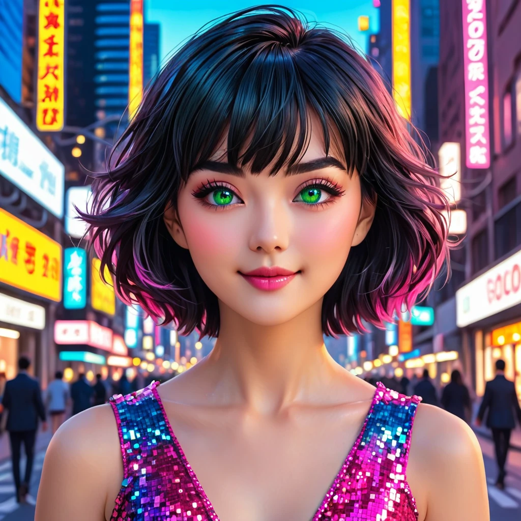 Generate a dynamic, high quality AI image of a young woman with short black hair and bangs. She wears a Vibrant blouse in shades of pink, rot, and blue, incorporating the fashion of the 2020s. Her green eyes sparkle with joy as she smiles, your makeup is vivid and colorful. Placed on the busy streets of New York, This scene is rich in references to the 2020s. The image is professional, photographic quality, and enriched with details, offering HD resolution and Canon quality. The woman's natural eyes highlighted by the light are detailed, with captivating eyelashes. The overall appearance is smooth, Vibrant, e feliz, capturing the essence of modern fashion and urban life."