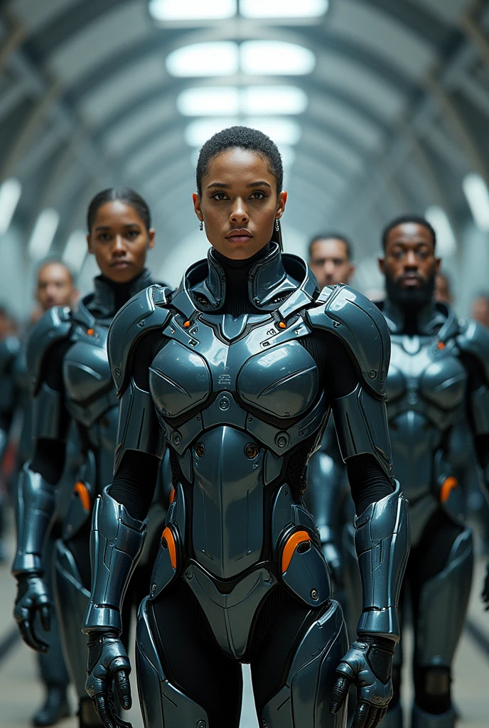 Black man and Man and woman inside in a futuristic apartment. Close up. Futuristic High tech gear. Incredible detail. Ultra high quality.