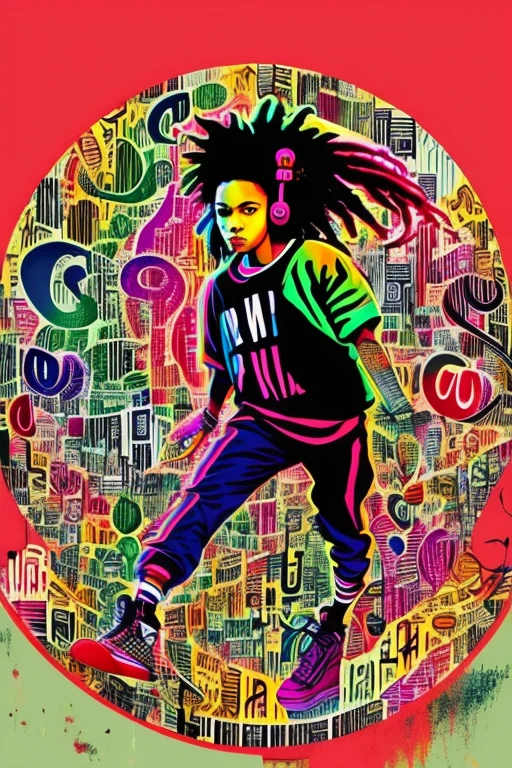 A background filled with scattered musical notes in various sizes and colors、
Creative logo illustration of a silhouette with dreadlocks and red headphones,
Banksy、
A background completely filled with scattered musical notes in various sizes and colors, covering the entire screen.
beautiful girl colorful image
Dance hiphop Dance CREW Waacking Dance
Punking
black medium hair black medium hair
Five fingers Baggy clothes Baggy clothes