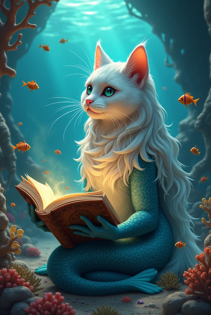 One day, a beautiful, bold-bodied mermaid cat with long hair discovers an ancient book hidden in a corner of the ocean. The book contains secrets about the ocean and its magical culture. The mermaid cat takes the book back to her palace and reads its stories aloud to her friends.