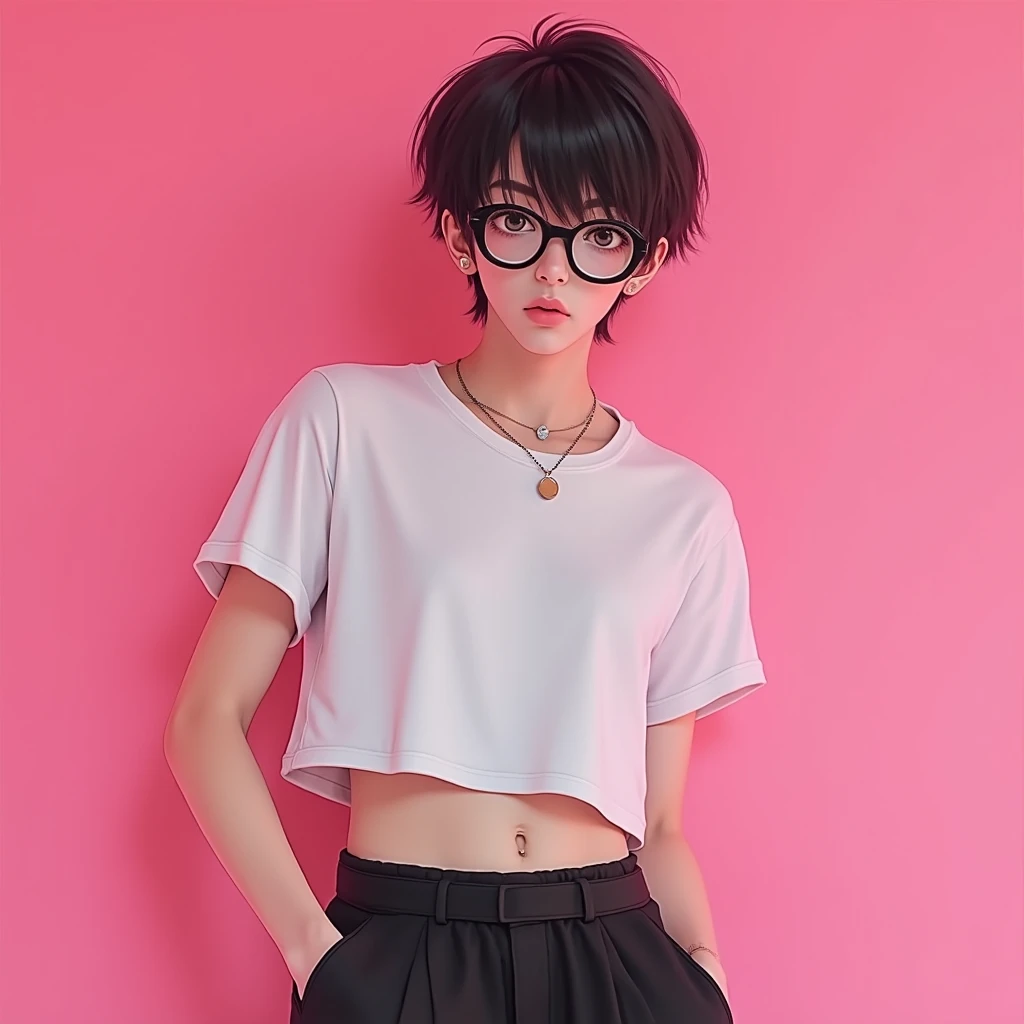 1boy avec les cheveux brun clair foncé courts un peu devant le visage et des lunette blanc et noir avec un crop top blanc et un cargo noir et son visage en gros plan
Fond rose barbie