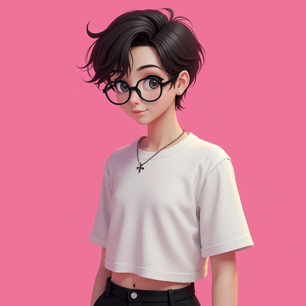 1boy avec les cheveux brun clair foncé courts un peu devant le visage et des lunette blanc et noir avec un crop top blanc et un cargo noir et son visage en gros plan
Fond rose barbie