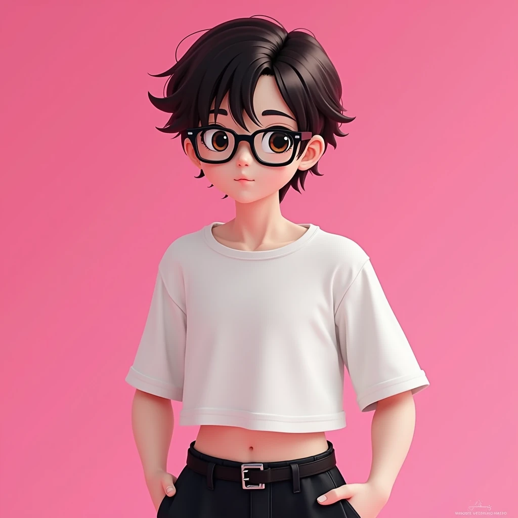 1boy avec les cheveux brun clair foncé courts un peu devant le visage et des lunette blanc et noir avec un crop top blanc et un cargo noir et son visage en gros plan
Fond rose barbie