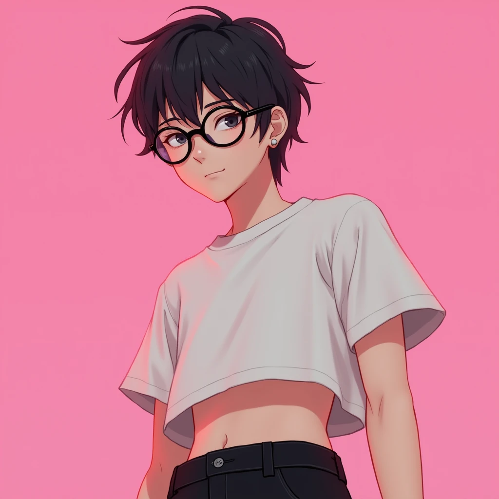 1boy avec les cheveux brun clair foncé courts un peu devant le visage et des lunette blanc et noir avec un crop top blanc et un cargo noir et son visage en gros plan
Fond rose barbie