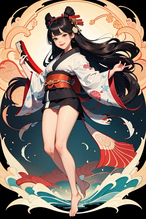 A beautiful woman smiles and shows her upper white teeth、Vividly colored Japanese Ukiyo-e style illustrations、(SeaArt creates stunning illustrations of beautiful women in kimono)、Brown-black long hair、Beautiful full body style、Let's dance a little Tokyo Ondo Yoiyoi、Beautiful digital painting,、Bright vibrant digital anime art、 Detailed digital anime art、 Beautiful anime portraits、background、Torii gate of a shrine in Kyoto, Japan、Detailed CG、