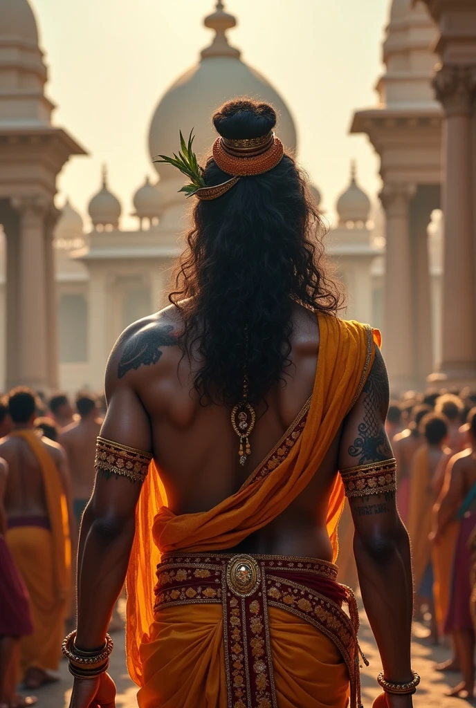The depiction of Lord Krishna's back view in Dwarka typically portrays him in a serene and dignified posture, reflecting his divine and regal nature. In these representations, Krishna is often shown with his back facing the viewer, highlighting his intricate and elegant attire. His garments might be richly adorned with patterns and jewel-like embellishments, indicative of his status as a king. The backdrop of Dwarka, with its architectural splendor, serves as a testament to his royal heritage. This perspective emphasizes his divine presence and the reverence he commands, inviting devotees to meditate on his divine attributes and the glory of his kingdom.realistic