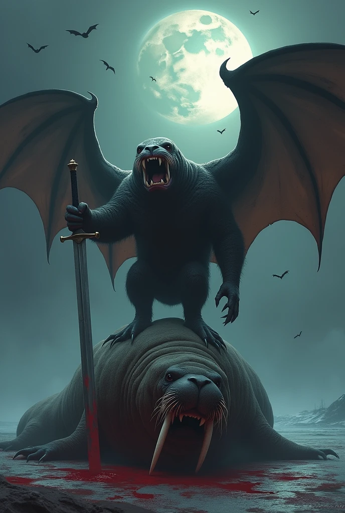 Create a realistic bloody vampire bat image, perched on top of a dead walrus and looking scared. the walrus is lying down as if it had been subdued in combat by the bat. add a sword to the bat in the left paw that is stuck in the vise. the background scenery is of a waning moon night, with other smaller bats flying in the background. make the image more realistic and less cartoonish. the bat has realistic vampire bat anatomy, but its size is large.