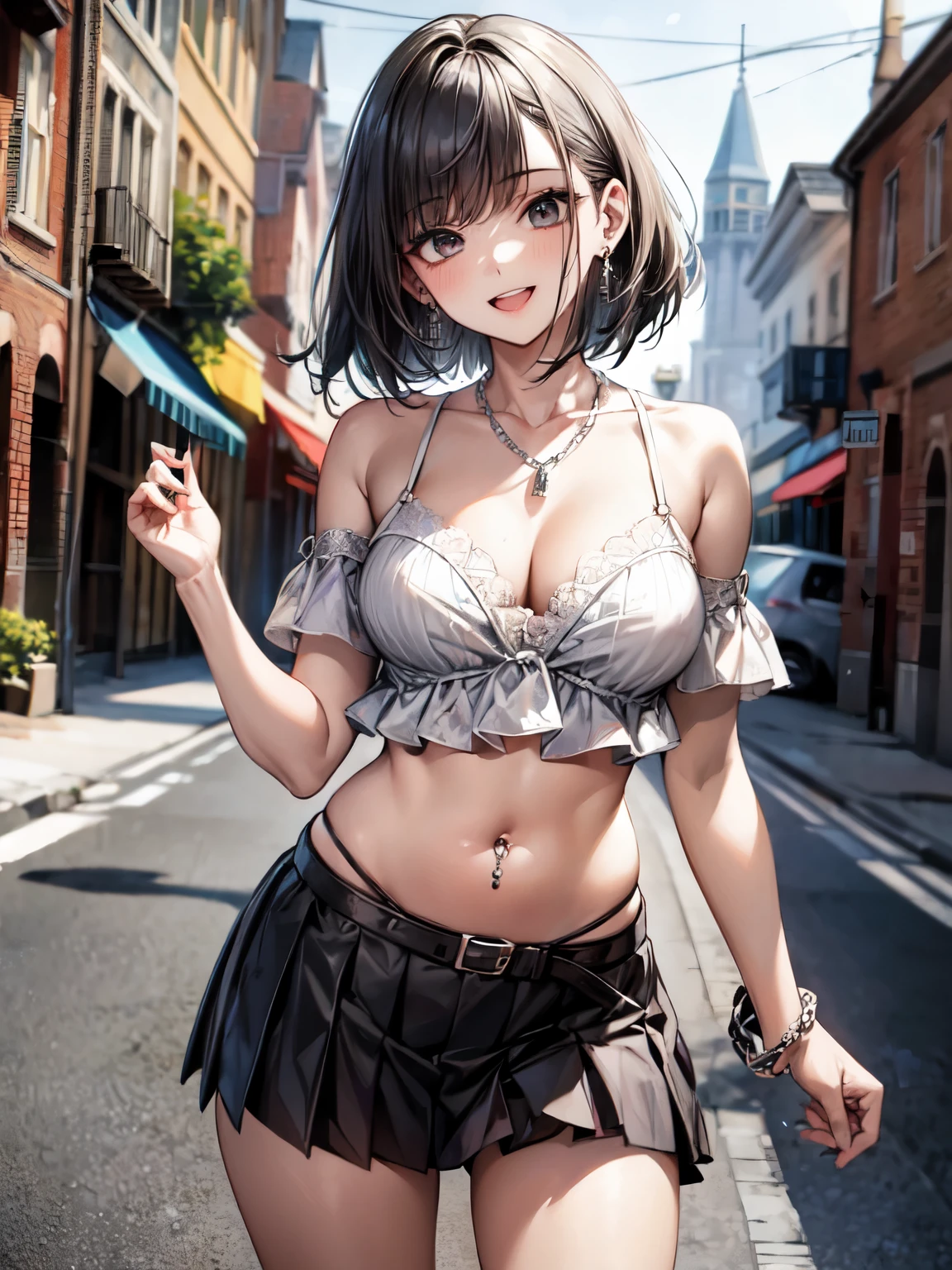 ((masterpiece, Highest quality, Very detailed)),
One girl, 20 years old, full makeup, black hair, bob cut, swept bangs, BREAK ((black eyes)), droopy eyes, thick thighs, medium breasts,
BREAK looking at viewer, cowboy shot, smile, ((open mouth)),
random model pose,
((lots of pierced earrings, silver chain necklace, silver bracelet)), ((bare belly button, belly piercing)),
BREAK ((white square neck cropped blouse with lace)), ((cleavage)), (black pleated mini skirt with belt)),
BREAK daytime, cobblestone streets and historic buildings are in the background,