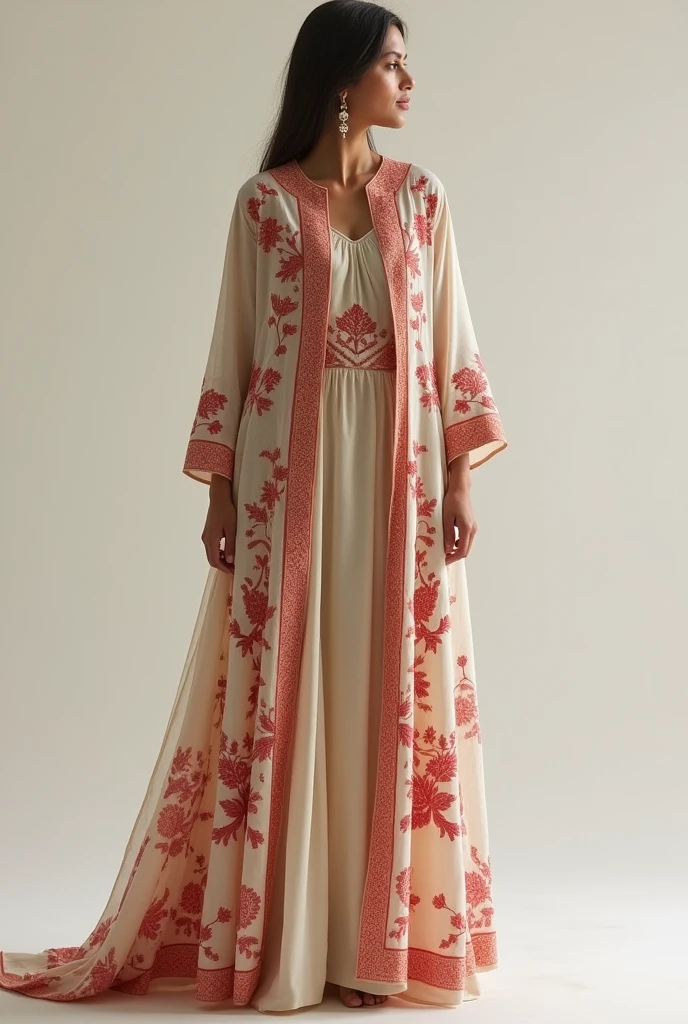 I have a white kashmiri shawl with thin red embroidery. I wish to upcycle the shawl into a dress. Can you generate images of long kurti, short tunics with peplum cut and maxi dress designs for this shawl ? 
