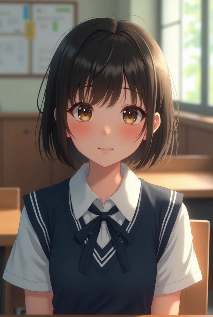 best quality, face focus, soft light, ultra high res, (photorealistic:1.4), RAW photo, 1japanese girl, solo, cute, (shy smile:0.5), (brown eyes, lights in the eyes), detailed beautiful face, (small chest),(high resolution detail of human skin texture), (short bob hair), BREAK, in classroom,navy school uniform, vest, skirt