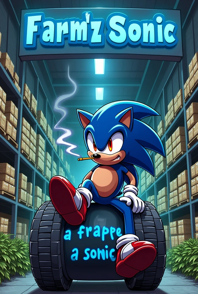 grand entrepôt avec des cargaisons de weed dans le fond avec une grande pancarte en haut ou il y'a ecrit Farm'z Sonic en bleu et il y'a sonic avec les yeux rouge qui fume un joint assis sur un tank et il y'a ecrit sur le bas du tank en bleu La frappe a sonic en cartoon