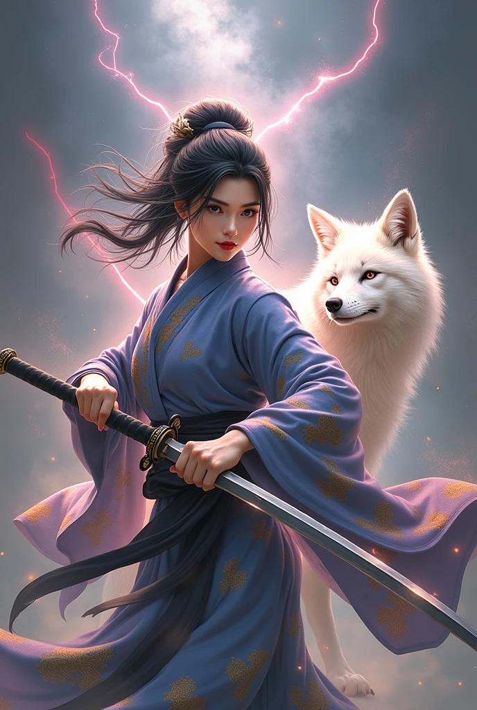 The enigmatic samurai woman (Musashi Miyamoto) wielding a long Japanese sword, Splitting with each powerful slash、Enveloped in the mist that obscures vision, Revealing a vivid and otherworldly scene, The clarity of the sword's slash against the hazy background, Mysterious Background, The white fox's sharp gaze met the viewer's., A layer of ethereal mist shrouding the foreground, Piercing, clear eyes, An exquisite and detailed kimono, Dramatic lighting and colors