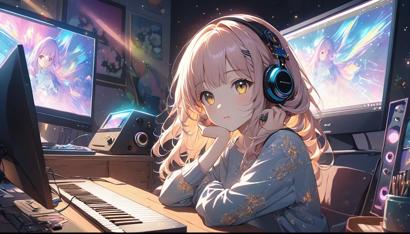 Highest quality, Intricate details, Very delicate, so beautiful, Highest quality, High Qualite, Very beautiful face, kindness, 超detailed hair, thin, cute, Perfectly symmetrical face, Upper body rest (Beautiful colors,detailed,Highest quality,Great quality,so beautiful),Lighting particles, Golden Eyes, Casual Fashion, Headphones,computer, guitar, Glitter, Anime Style 4 k, art wallpaper 8k, LOFI Girl, art wallpaper 4k, 4K anime atmosphere, Lo-fi art style, Anime Style, 8k