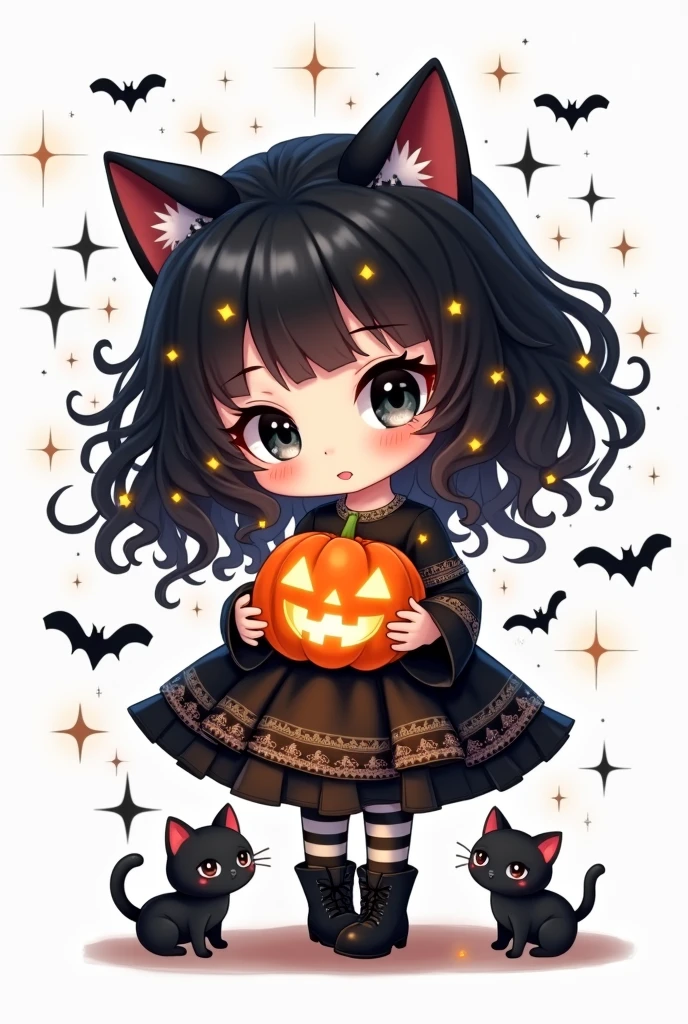 "Illustrate a chibi girl with large, dark eyes and pale skin. She has voluminous, curly black hair filled with tiny glowing lights and small kittens peeking out. She wears an oversized dress with intricate patterns, black-and-white striped stockings, and black boots. Cat ears peek through her hair. In one hand, she holds a glowing jack-o'-lantern, and a small black kitten sits by her feet. The scene is set against a white background, with black stars and magical sparkles floating around her, creating a whimsical and enchanting Halloween vibe."