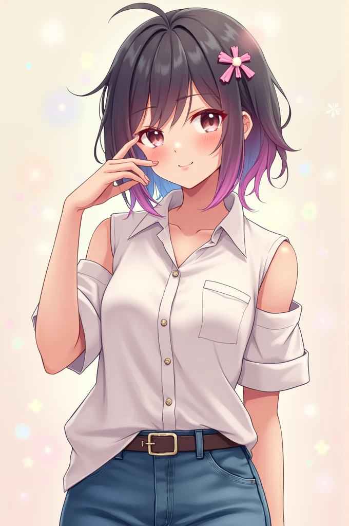 Anime girl wear short sleeve shirt, roll up short sleeve to sleeveless