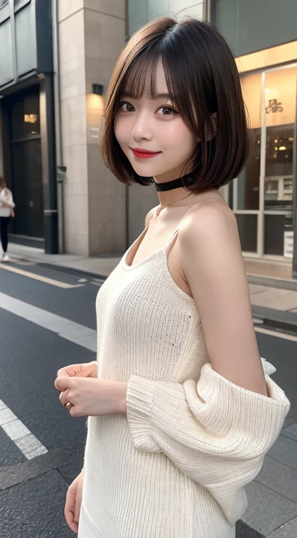 Tabletop, Highest quality, figure, Very detailed, In detail, High resolution, 8k wallpaper, Perfect dynamic composition, Beautiful attention to detail, dress,Medium Hair, Center of chest, Natural color lip, Random sexy poses,smile,Aoyama Street Walk、20-year-old girl、huge 、Too much exposure、Shoulderless knit(Shuicolour)、Expose the chest、Slid、Choker with chain、Bobcut