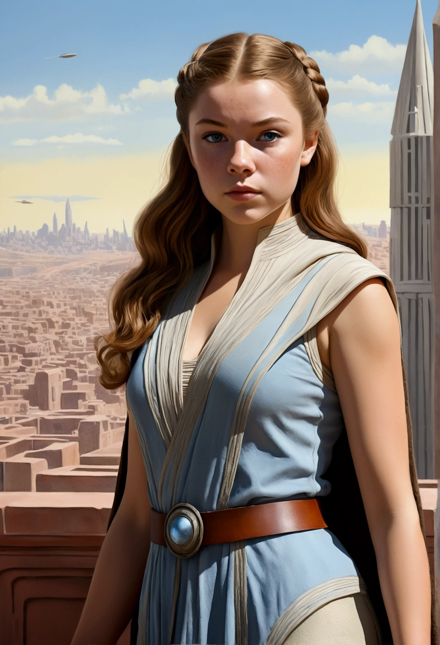 An illustrated movie poster, hand-drawn, full color, a age Jedi, 18-years-old, female, wearing a Sleeveless tunic, athletic hourglass figure, busty bosoms, full wide hips, massive round butt, long shapely legs, ridiculously thick powerful thighs, pale blue eyes, mousy brown hair, thick shaggy bangs, rosy sun-kissed complexion, freckles, resembles Margaery Tyrell, standing above Coruscant, graphite shading, stencil marks, airbrushed acrylic paint, masterpiece