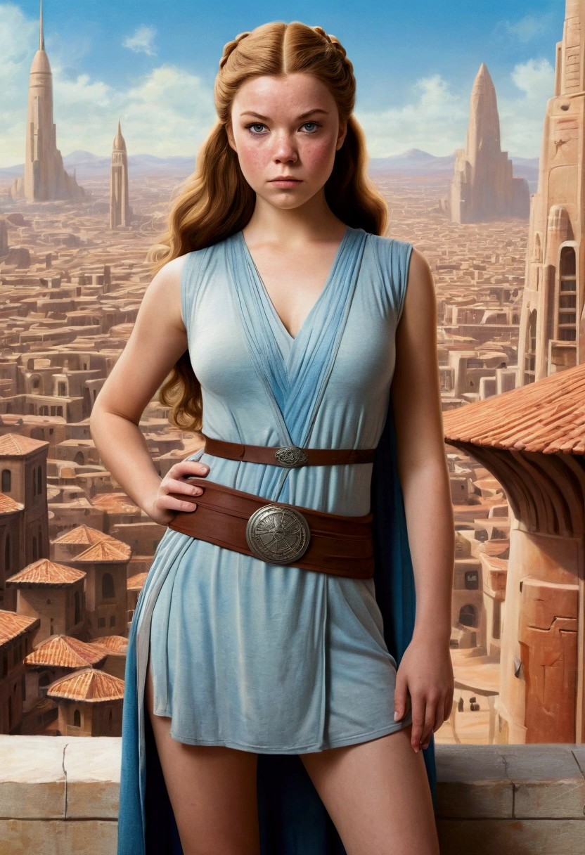 An illustrated movie poster, hand-drawn, full color, a teenage Jedi, 18-years-old, female, wearing a Sleeveless tunic, athletic hourglass figure, busty bosoms, full wide hips, massive round butt, long shapely legs, ridiculously thick powerful thighs, pale blue eyes, mousy brown hair, thick shaggy bangs, rosy sun-kissed complexion, freckles, resembles Margaery Tyrell, standing above Coruscant, graphite shading, stencil marks, airbrushed acrylic paint, masterpiece