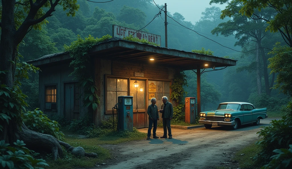Old Gas station in jungle, on Road park side car, old man with 1 young adult boy laughing out side dark image 